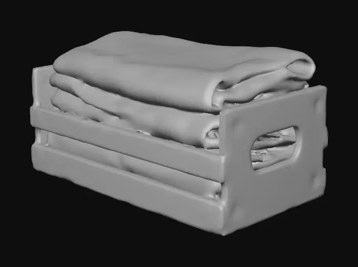 3D model for a short stack of  slim kitchen towels in a wooden open end crate  shabby chic, subtle colors  The towels are multi colored but very subtle shabby chic with leaf prints .  Not solid. The crate is whitish wood shabby chic with nailheads that are copper
