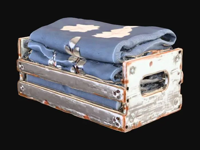 3D model for a short stack of  slim kitchen towels in a wooden open end crate  shabby chic, subtle colors  The towels are multi colored but very subtle shabby chic with leaf prints .  Not solid. The crate is whitish wood shabby chic with nailheads that are copper