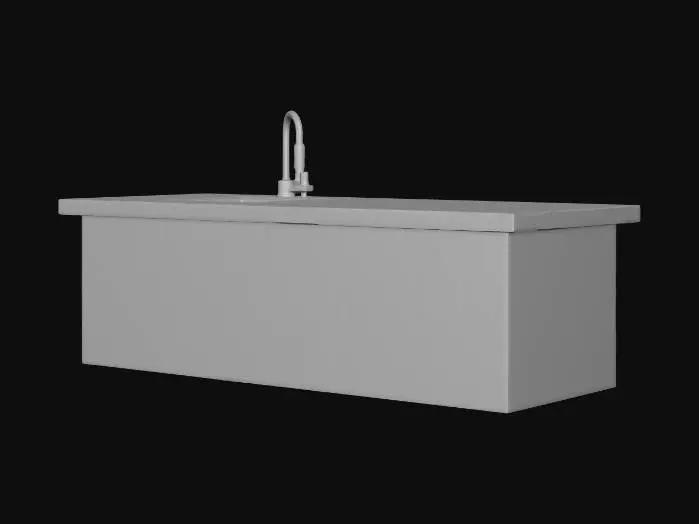 3D model for A low-poly, detailed gray kitchen bar features a matte finish. Its white marble countertop has one square end and a gracefully curved opposite end. An integrated, polished stainless steel bar sink is seamlessly set into the marble. The robust structure blends modern simplicity with functional elegance.