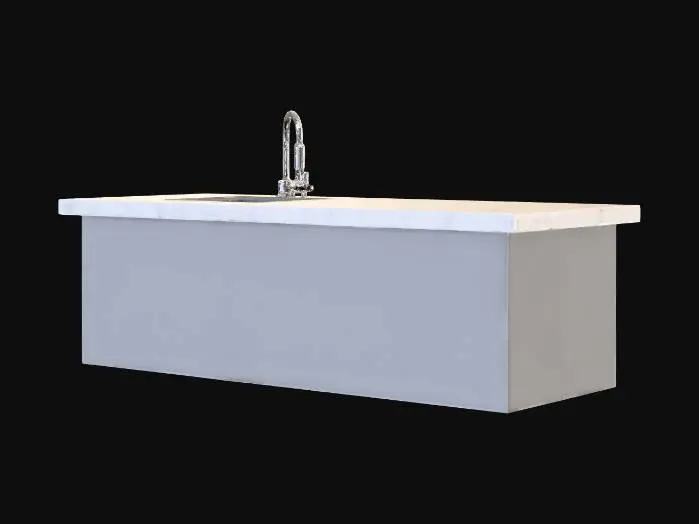 3D model for A low-poly, detailed gray kitchen bar features a matte finish. Its white marble countertop has one square end and a gracefully curved opposite end. An integrated, polished stainless steel bar sink is seamlessly set into the marble. The robust structure blends modern simplicity with functional elegance.
