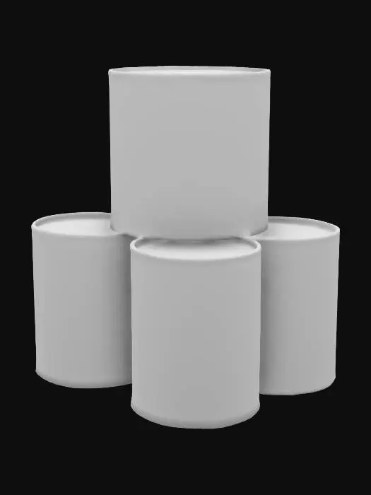 3D model for  neat stack of canned goods, peaches, apples, spinach, corn, beans,  in retro style labels over tin cans