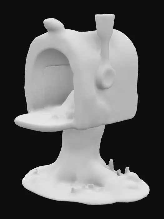 3D model for rock mailbox, in the style of the Flinstones, on a log support, with the mailbox front being opened.