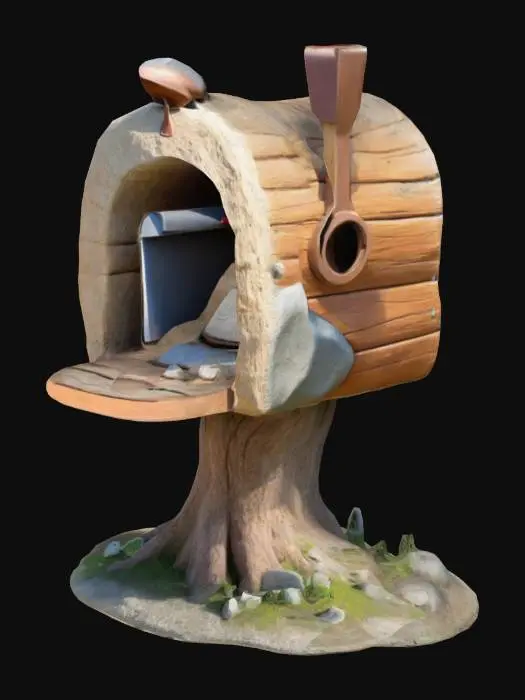 3D model for rock mailbox, in the style of the Flinstones, on a log support, with the mailbox front being opened.