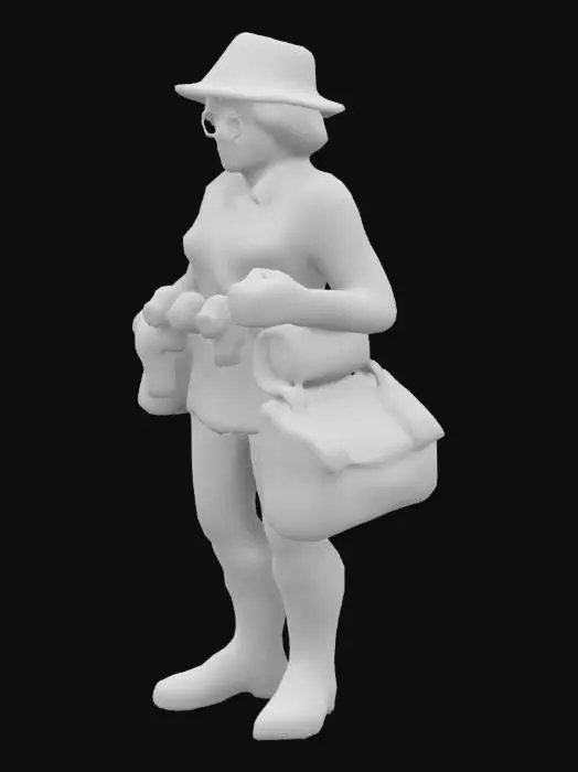 3D model for birdwatcher lady, ultrarealistic, wearing a pith helmet, holding binoculars, middle aged, wearing khaki clothing and hiking boots  highly detailed