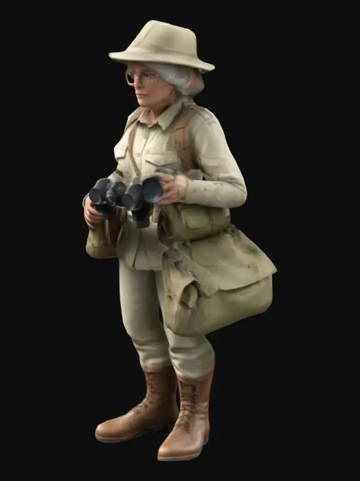 3D model for birdwatcher lady, ultrarealistic, wearing a pith helmet, holding binoculars, middle aged, wearing khaki clothing and hiking boots  highly detailed