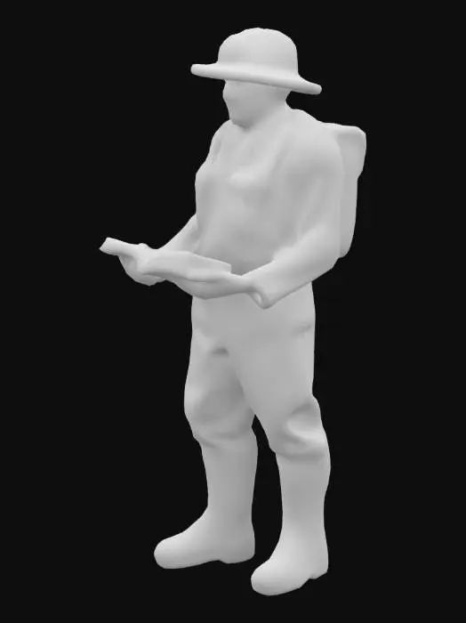 3D model for birdwatcher guy, ultrarealistic, wearing a pith helmet, holding a bird book, smiling slightly  middle aged, wearing khaki clothing and hiking boots  highly detailed