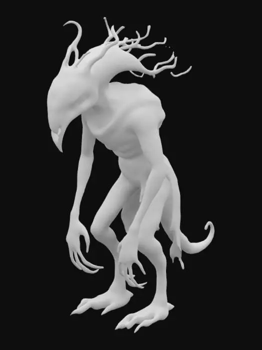 3D model for the Urru, a mystic from the Dark Crystal. Natural colors, character, wearing a shawl  hunched over, The object is a creature with a hunched posture, elongated limbs, and an intricate, textured pattern resembling swirling designs across its body, suggesting a fantastical appearance.