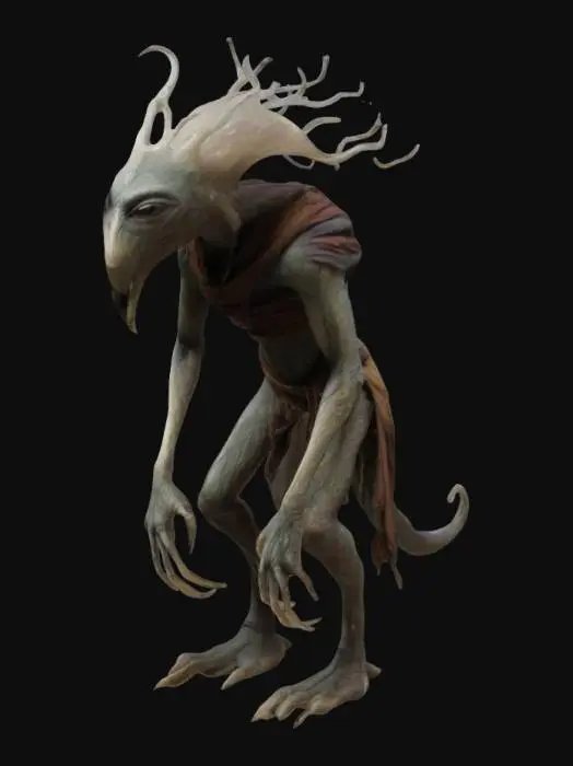 3D model for the Urru, a mystic from the Dark Crystal. Natural colors, character, wearing a shawl  hunched over, The object is a creature with a hunched posture, elongated limbs, and an intricate, textured pattern resembling swirling designs across its body, suggesting a fantastical appearance.