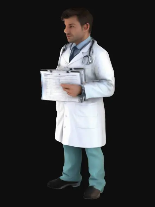 3D model for a very nice looking ultra realistic doctor with a stethoscope and holding a patient chart. and wearing a lab coat. 