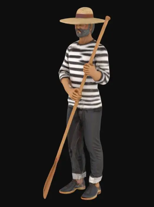 3D model for ultra realistic gondolier figure, standing, posed to look like he is padding a gondola.  
