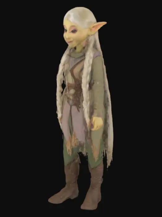3D model for Kira a gelfling from The Dark Crystal, with braided long silver blonde hair, wearing a elven outfit, with slightly elven ears,  slightly smiling. face has a bit of prounounced mandible almost like a snout, color of skin very pale, muppet like, fraggle like jim henson. NO trailing or missing parts, no holes.