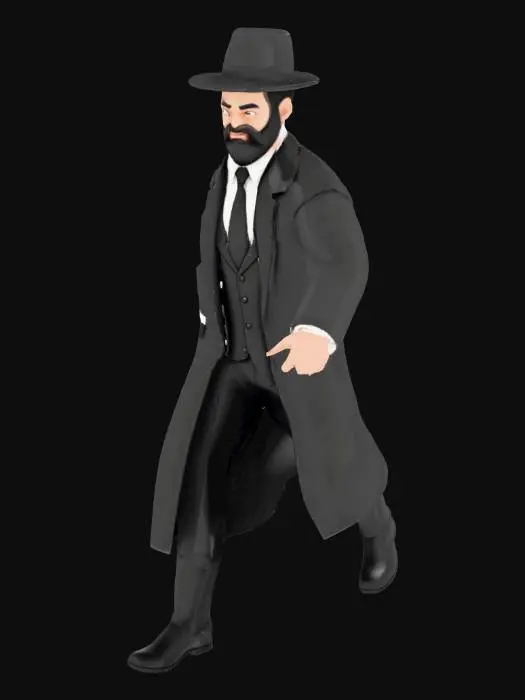 3D model for A HD realistic Chasidic Jewish man, with black hat, peyus (curls) t pose, wearing a black suit with white shirt and black tie