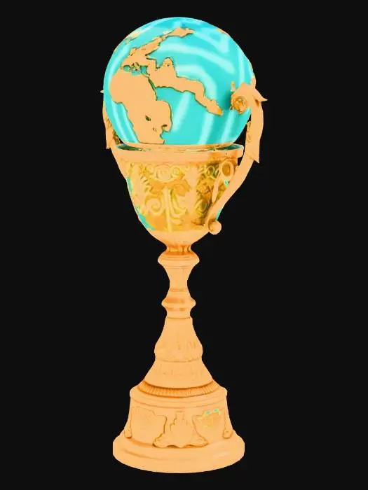 3D model for a beautiful fancy looking trophy, golden in color  with a earth like sphere on the top of it