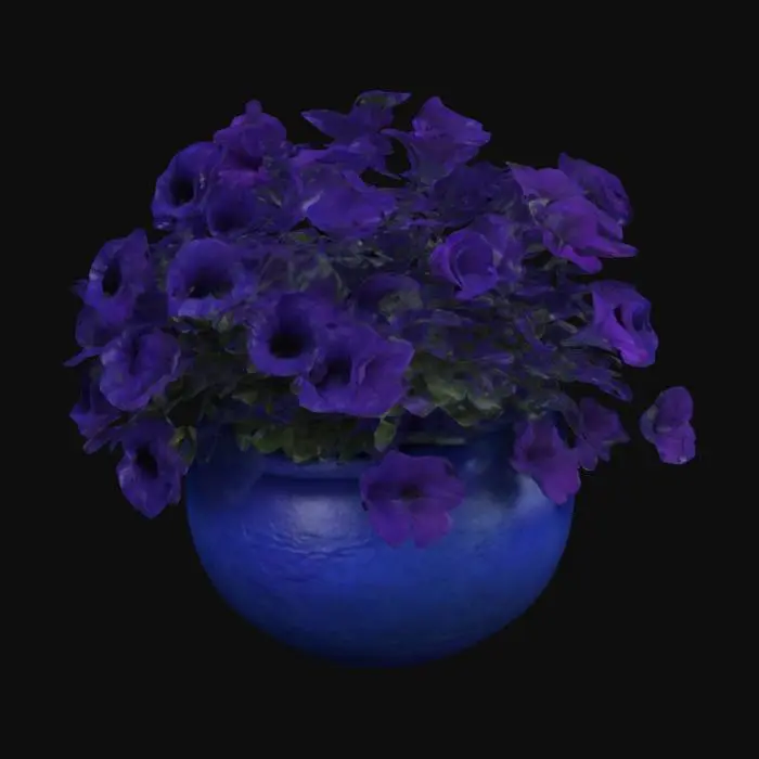 3D model for Container of petunias, flowers are veined and purplish blue, trailing, container is smooth ceramic. Very neat, no hanging deformed parts 4x hyper realistic NO fantasy 