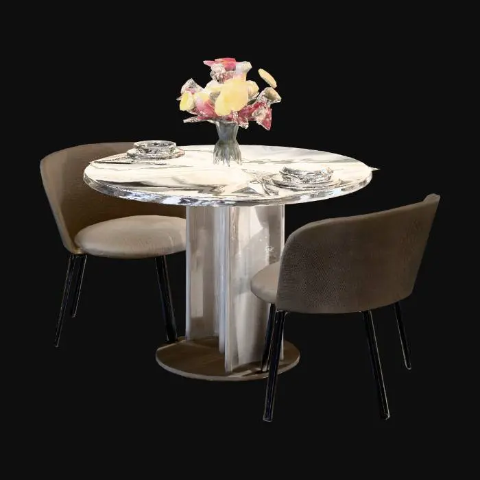 3D model for round cafe table for two with place setting, and chairs. The table should have a light colored tablecloth.  Place setttings should include a central vase of flowers. Very modern, clean lines, high def textures, no hanging pieces ultra realistic