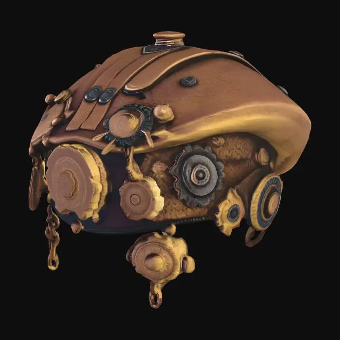 3D model for a steampunk beret for a female, with gears, chains, and clips, in a bronze tone and rust  NO FEATHERS