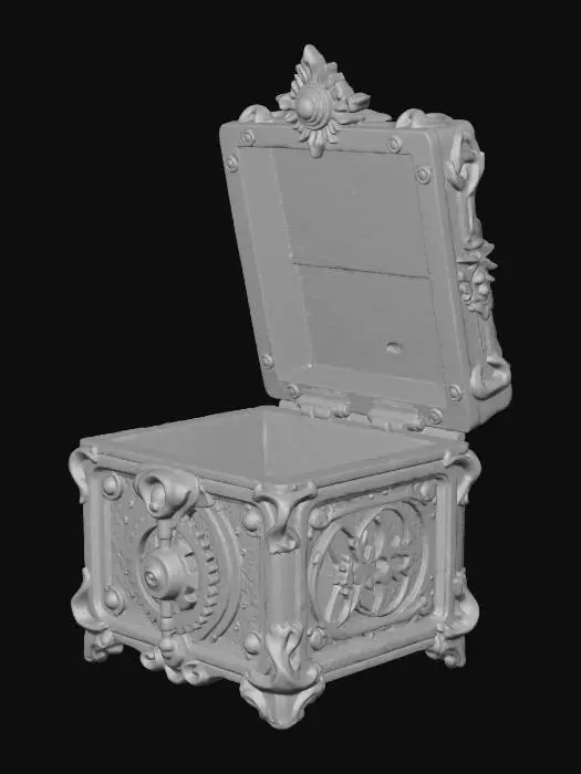 3D model for Boîte à bijoux mécanique avec engrenages apparents, design steampunk, métal vieilli et bois foncé.