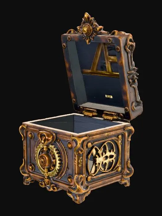 3D model for Boîte à bijoux mécanique avec engrenages apparents, design steampunk, métal vieilli et bois foncé.