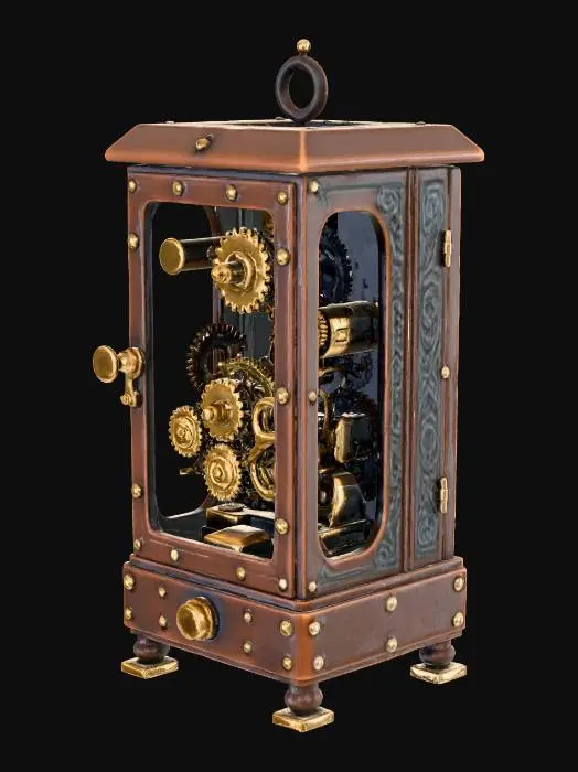 3D model for Boîte à bijoux mécanique avec engrenages apparents, design steampunk, métal vieilli et bois foncé.