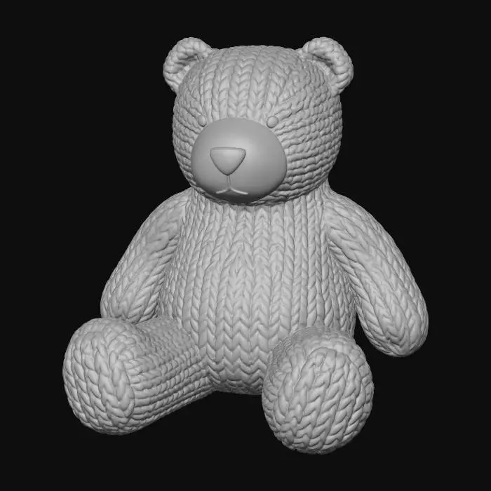 3D model for A chunky, handmade knitted polar bear plush toy, isolated on a pure white background. The toy is constructed from thick, textured creamy white wool yarn with large, visible stitches. It features cute, simple facial details with black button eyes and a small, dark felt nose. Characteristic features of the animal, such as small rounded ears and a chubby body, are rendered in chunky knit. The toy is in a charming, clumsy seated pose.