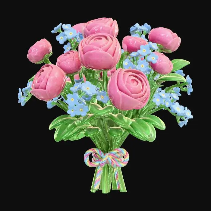 3D model for Pink Rose Bouquet with Blue Forget-Me-Nots