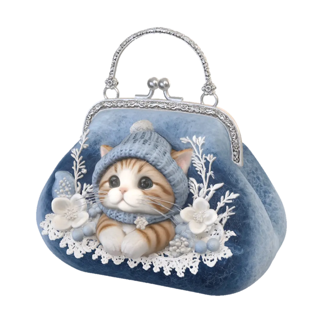 Winter Kitten in a Blue Felt Purse 3D model, vytvořený pomocí AI