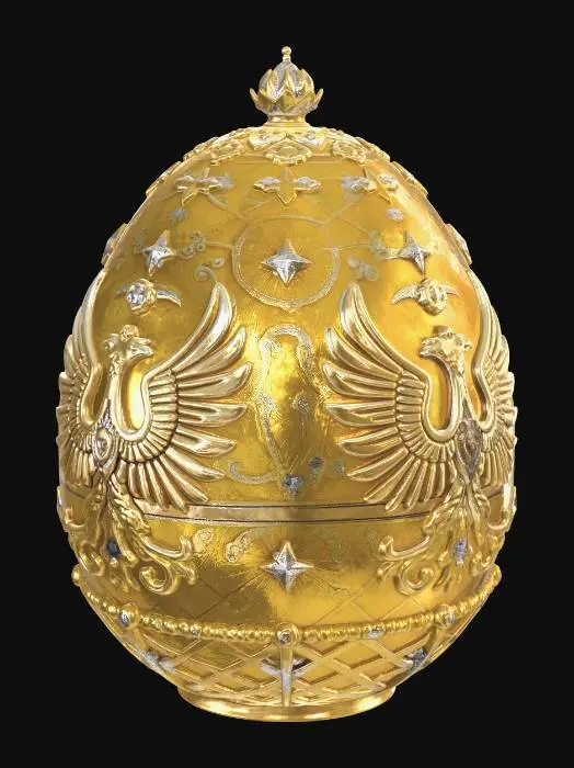 3D model for The Shell of Sovereignty
To gaze upon the closed egg is to look at a sun captive in metal. The exterior shell is a brilliant, blinding celebration of imperial power, designed to mimic the heavy gold cloth worn by the Empress during her coronation.
The Guilloché Sunburst: The master craftsmen layered translucent, shimmering lime-yellow enamel over a meticulously engraved guilloché background of starbursts. As light hits the curvature of the egg, it appears to radiate outward from deep within the shell.
The Trellis of the Romanovs: Encompassing the golden surface is a heavy trellis of pure gold bands, studded at every intersection with a flawless, brilliant-cut diamond.
The Imperial Eagles: Suspended within the golden grid are the double-headed eagles of the Romanov dynast #EasterEgg2026#