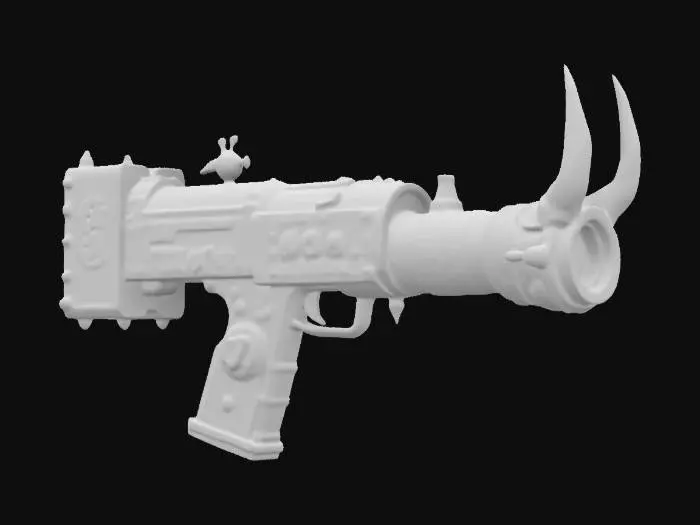 3D model for #ChronoForgeWeapon#, A giant hand mortar gun with steampunk details, blue neon lights and dragon horns, gun, weapon, high detail, 4k textures