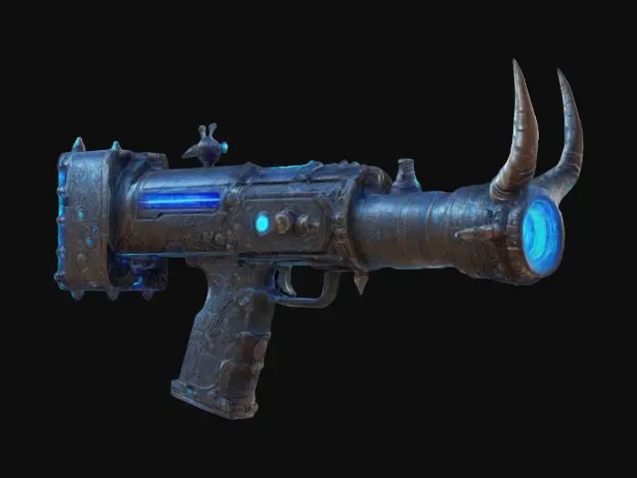 3D model for #ChronoForgeWeapon#, A giant hand mortar gun with steampunk details, blue neon lights and dragon horns, gun, weapon, high detail, 4k textures