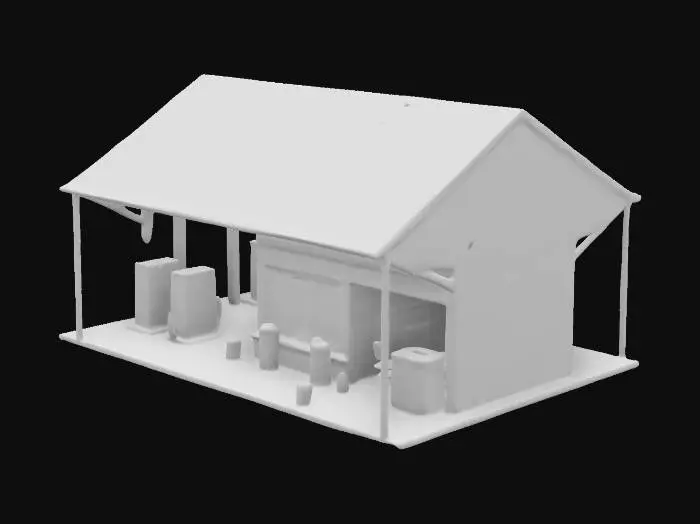 3D model for  A small american gas station building with gas pumps abd a store and a big GAS sign on the roof