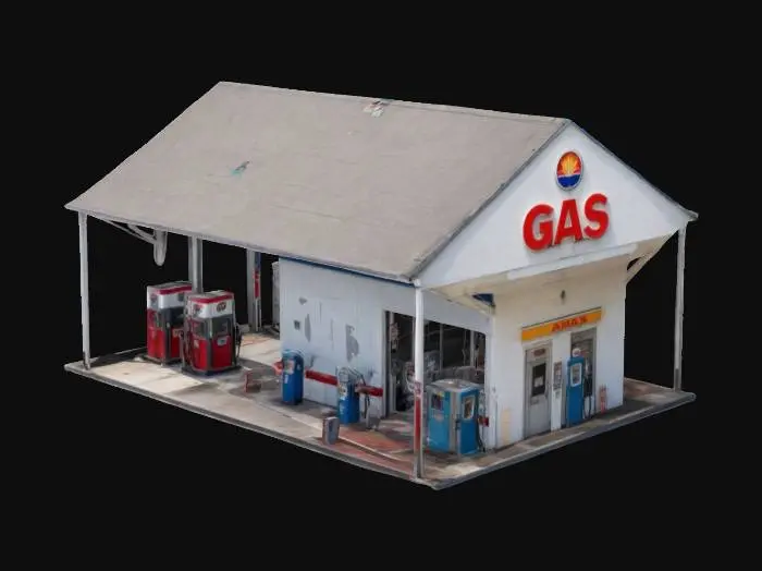 3D model for  A small american gas station building with gas pumps abd a store and a big GAS sign on the roof