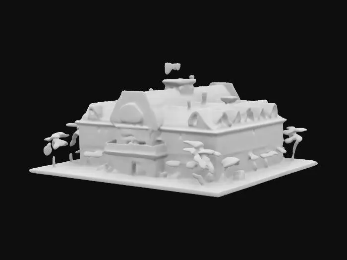 3D model for An Jurassic Park style tourist building, grey, red and yellow, with dinosaur decorations and big enternance, stylised roof, tropical style, 4k textures, good detail