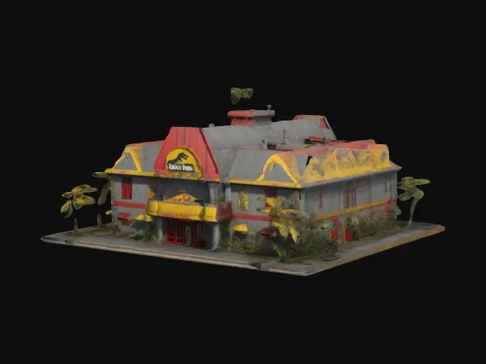 3D model for An Jurassic Park style tourist building, grey, red and yellow, with dinosaur decorations and big enternance, stylised roof, tropical style, 4k textures, good detail