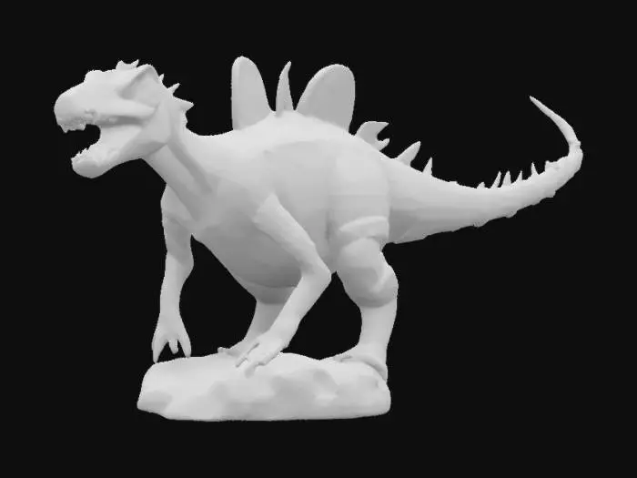 3D model for a caveman like rock statue of large theropod dinosaur, made out of rocks and rusty metal, with spikes, overgrown, large, ARK survival style, primitive, good symethry, 4k textures, good head detail