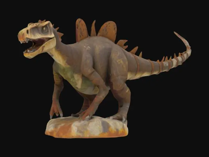 3D model for a caveman like rock statue of large theropod dinosaur, made out of rocks and rusty metal, with spikes, overgrown, large, ARK survival style, primitive, good symethry, 4k textures, good head detail