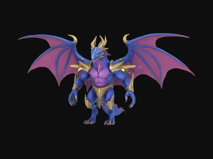 3D model for A giant blue and purple humanoidal dragon with bird like beak, mighty wings, and long spiky tail, wearing gold and silver armour, warhammer 40000 style, chaos, Tzenech, beast, wargame, game model, good symethry, detailed, high quality textures