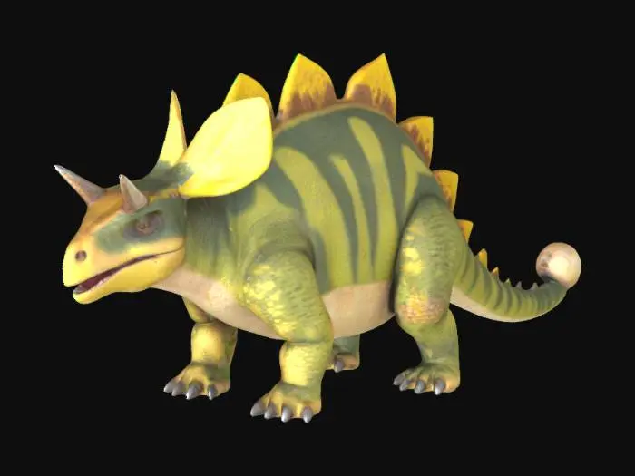 3D model for ankylosaurus, large herbivore dinosaur, walking on four legs, with its body covered in thick spiky natural armour, small head with short beak and tail with bone hammer on its tip, 4k textures, realistic, prehistoric, good mesh, good symethry, green and yellow scales with brownish camouflage spots