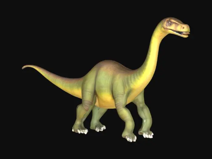 3D model for Diplodocus A long neck dinosaur, sauropod, with long neck, very long tail, four strong leggs and small herbivore head, realistic, green abd brown with yellow accents, 4k textures, good symethry, good mesh, good details