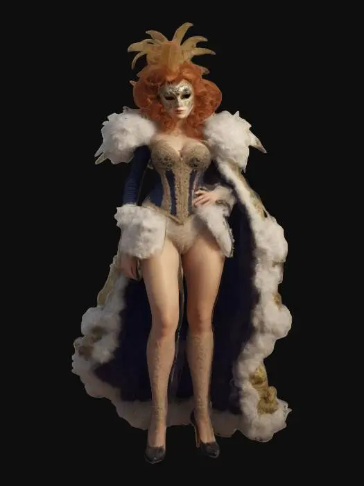 3D model for a BEAUTIFULL, HOT ITALIAN WOMAN, wearing venice carnival costume, big ginger hair, venice carnival mask, masquerade, high heel shoes, fur coat, beautifull, large bust, good face, good symethry, game, game asset, detailed, 4k textures