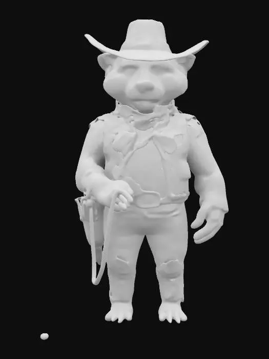 3D model for Humanoidal cowboy panda bear, wearing cowboy hat and clothes, leather west, holding a lasso, smiling, good textures, 4k, high quality, good symethry, game asset