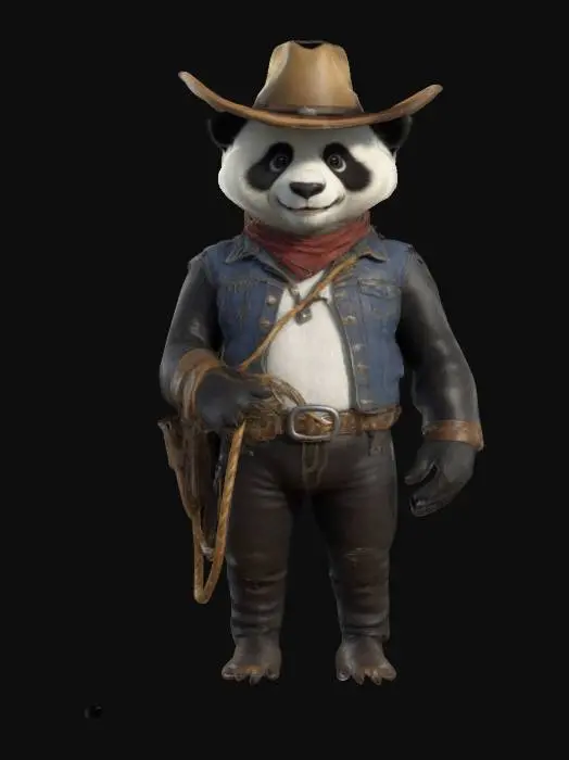 3D model for Humanoidal cowboy panda bear, wearing cowboy hat and clothes, leather west, holding a lasso, smiling, good textures, 4k, high quality, good symethry, game asset
