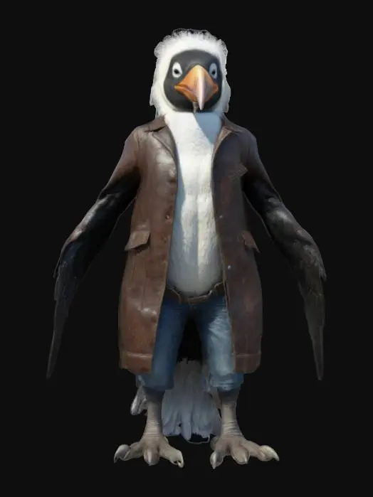 3D model for A humanoidal penguin vulture hybrid, with long neck, feathered wings and fluffy tail, wearing old leather coat and jeans, 4k textures, good quality, good symethry, high detail