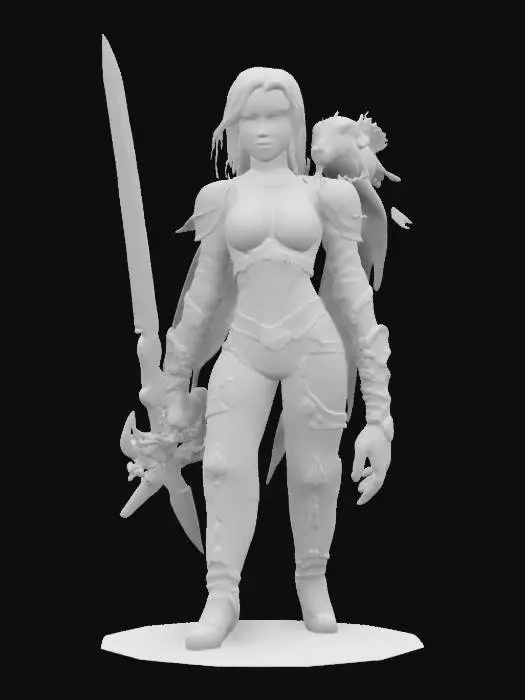 3D model for A blonde woman in punk black armour, holding giant yellow sword with small purple dragon on hert shoulder, superhero, game asset, beauty, heroic, marvel, detailed face, good symethry, 4k textures, good detail, game asset