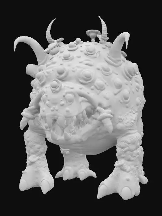 3D model for a giant roundy frog like mutant beast, with many yellow eyes, green and pink skin covered in mold and mushroom, with giant teethy mouths, twisted horns, giant leggs, ugly, warhammer 40000 style, chaos, nurgle, mighty, big, good symethry, wargame, game model, 4k texture