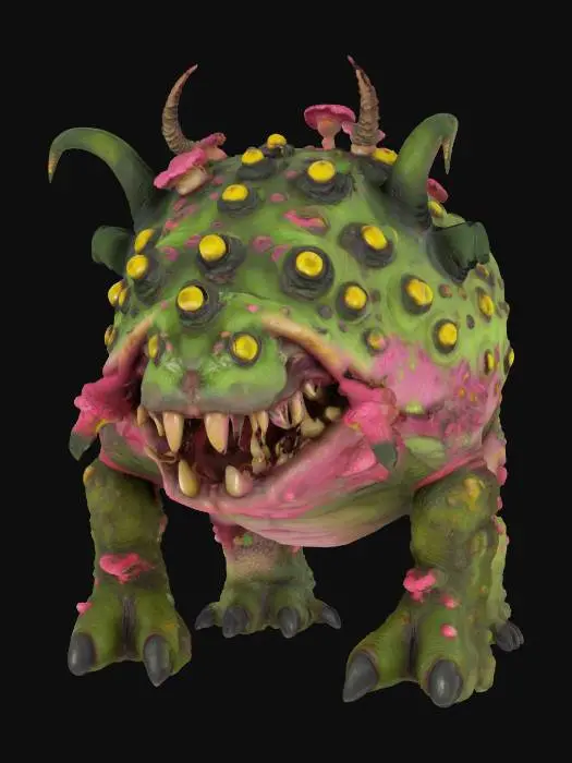 3D model for a giant roundy frog like mutant beast, with many yellow eyes, green and pink skin covered in mold and mushroom, with giant teethy mouths, twisted horns, giant leggs, ugly, warhammer 40000 style, chaos, nurgle, mighty, big, good symethry, wargame, game model, 4k texture