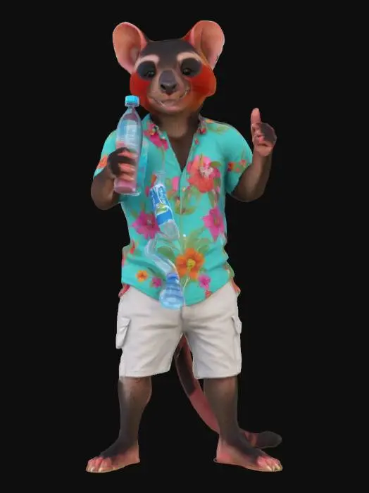 3D model for [Tasmania] , #AroundTheWorld# A humanoidal tasmanian devil wearing summer clothes drinking bootle of water, cute, good quality, good mesh, 4k textures, good symethry