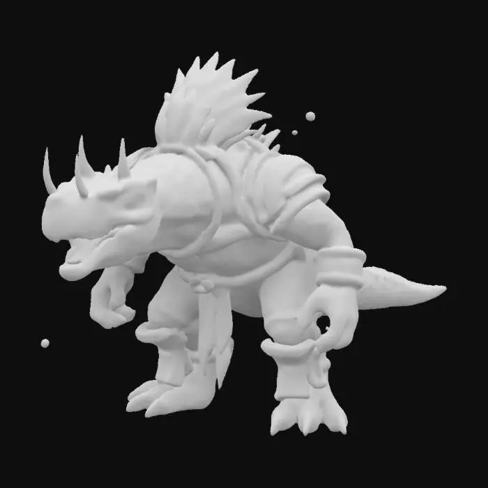 3D model for a powerfull swift Carnotaurus berserker, mighty, humanoidal, wearing viking armor, grey and red