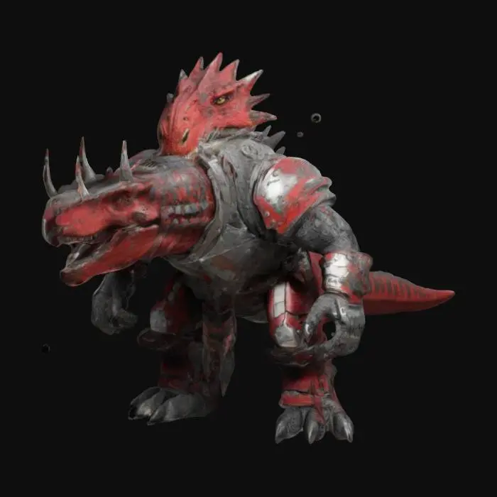 3D model for a powerfull swift Carnotaurus berserker, mighty, humanoidal, wearing viking armor, grey and red