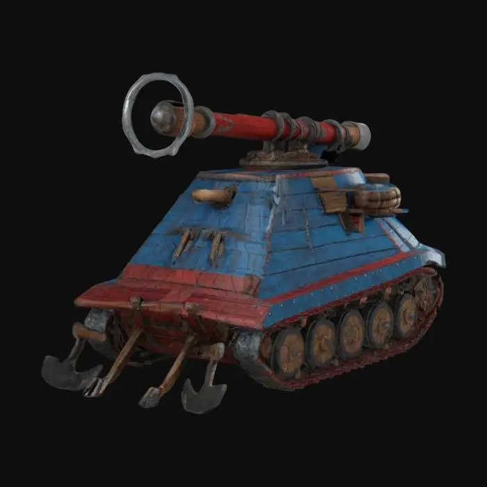 3D model for A viking nordic tank on large threads, viking style with giant balista on top of  it instead of turret, with two axes on the lower plate, blue and red colors with wood accents, good symethry, high detail, 4k textures, #ChronoForgeWeapon#