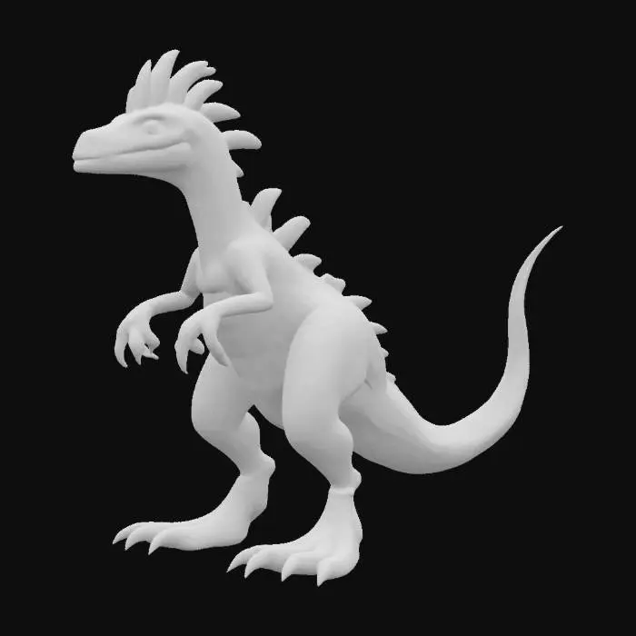 3D model for Crylophposaurus, an antarctic theropod dinosaur, carnivore, with mohawk like crest on its head, big head with sharp teeth, two strong legs, pair of strong arms with claws and long tail, orange and purple scales, big, good symethry, good proportions, high detail, 4k textures